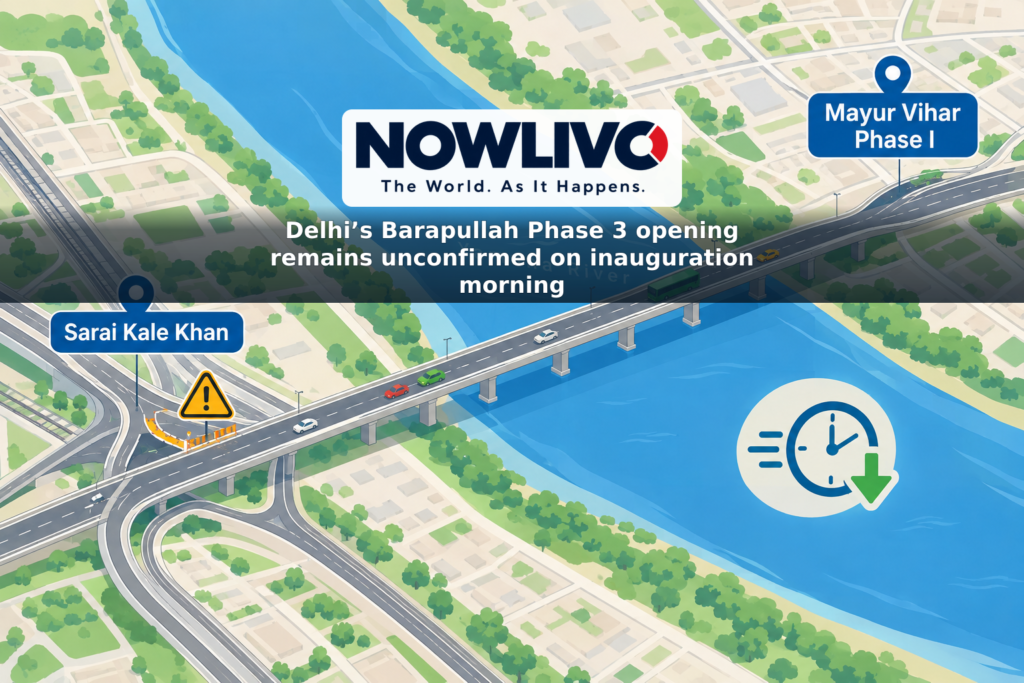Conceptual map illustration of an elevated route across the Yamuna between Mayur Vihar and Sarai Kale Khan, with a caution symbol near the interchange.