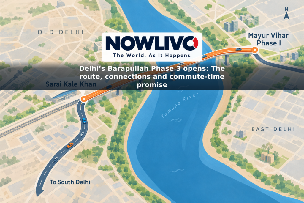 Stylized map illustration showing the new elevated connection from Mayur Vihar Phase I across the Yamuna to Sarai Kale Khan and onward towards South Delhi.