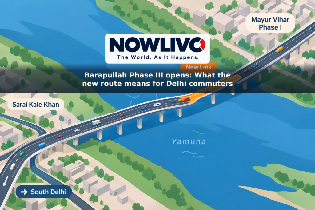 Conceptual map-style illustration of an elevated road linking Mayur Vihar Phase I across the Yamuna to Sarai Kale Khan and the Barapullah route towards South Delhi.