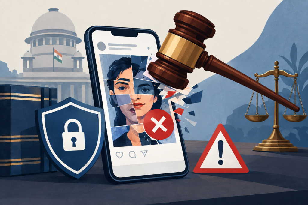 Conceptual illustration of a judicial gavel removing a manipulated image from a social media screen while a privacy shield protects the depicted person.