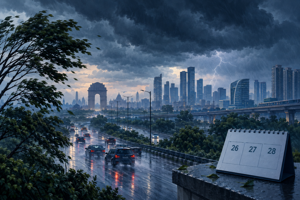 Illustration of thunderstorms, lightning and gusty rain affecting roads and buildings across Delhi-NCR after the monsoon withdrawal.