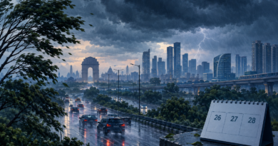 Illustration of thunderstorms, lightning and gusty rain affecting roads and buildings across Delhi-NCR after the monsoon withdrawal.