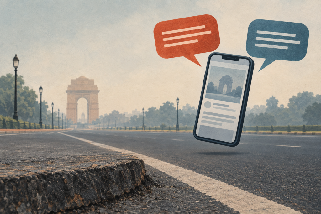 Conceptual illustration of a roadway, a phone-shaped frame and opposing speech bubbles representing the disputed accounts of a road inspection.