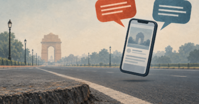 Conceptual illustration of a roadway, a phone-shaped frame and opposing speech bubbles representing the disputed accounts of a road inspection.