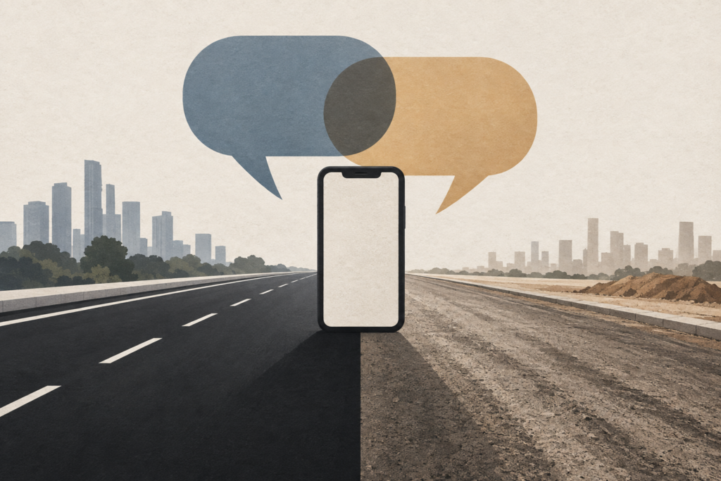Conceptual illustration of a road surface, a smartphone silhouette and overlapping shapes representing conflicting accounts of an inspection.