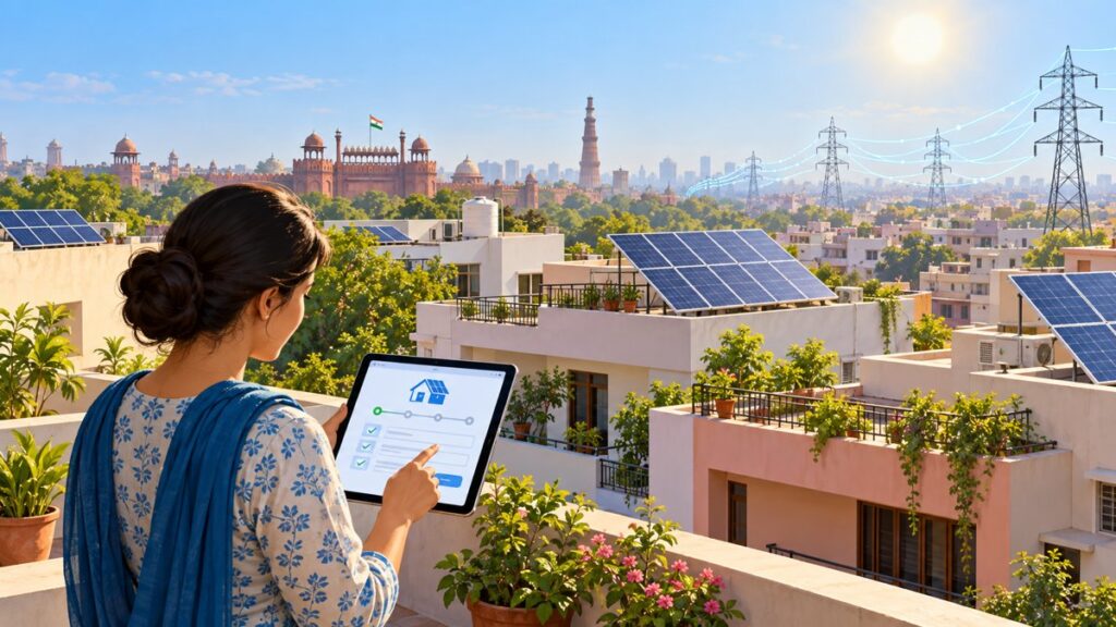Editorial illustration of a Delhi resident reviewing a rooftop solar application beside solar-covered homes
