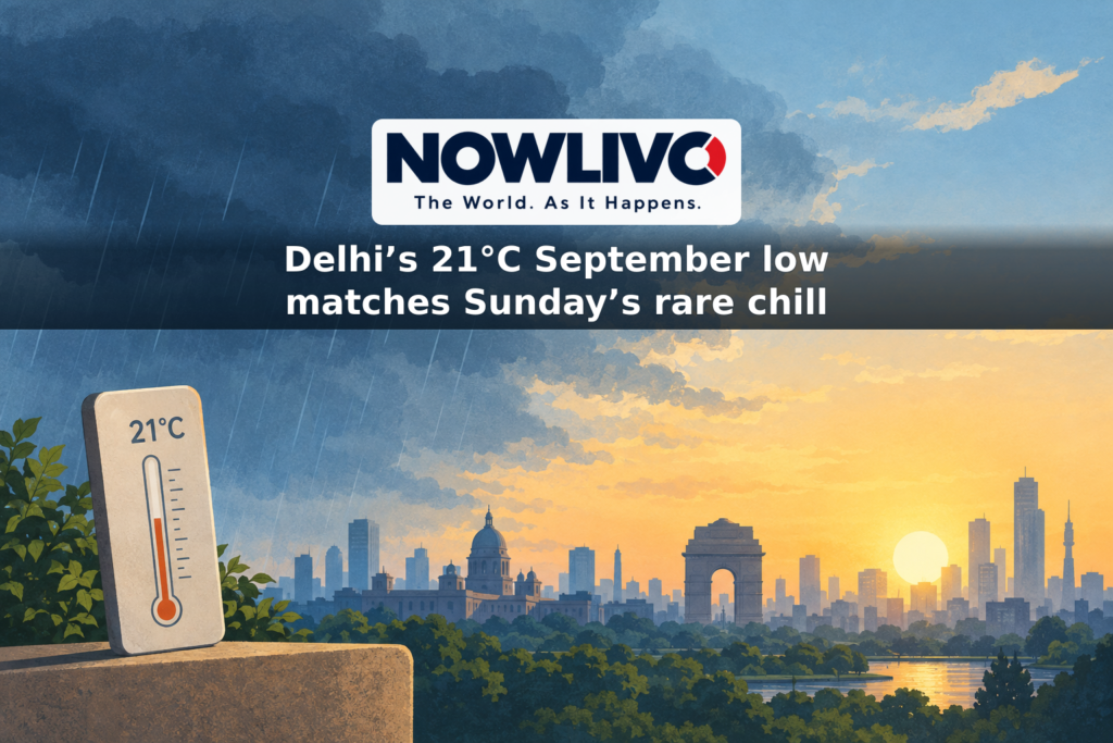 Illustration of rain clouds clearing over a Delhi-inspired skyline beside a thermometer marked 21°C.