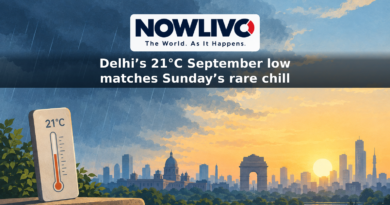 Illustration of rain clouds clearing over a Delhi-inspired skyline beside a thermometer marked 21°C.