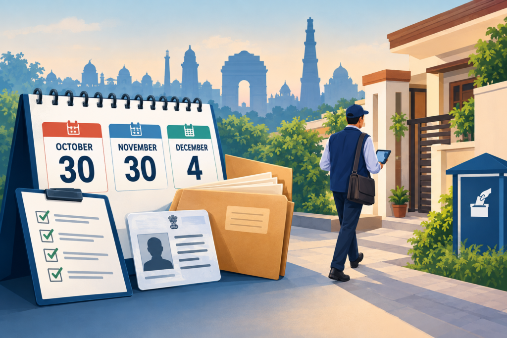 Illustration showing Delhi SIR deadlines, voter documents and a Booth Level Officer visiting a home.