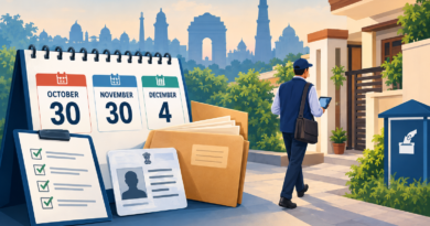 Illustration showing Delhi SIR deadlines, voter documents and a Booth Level Officer visiting a home.