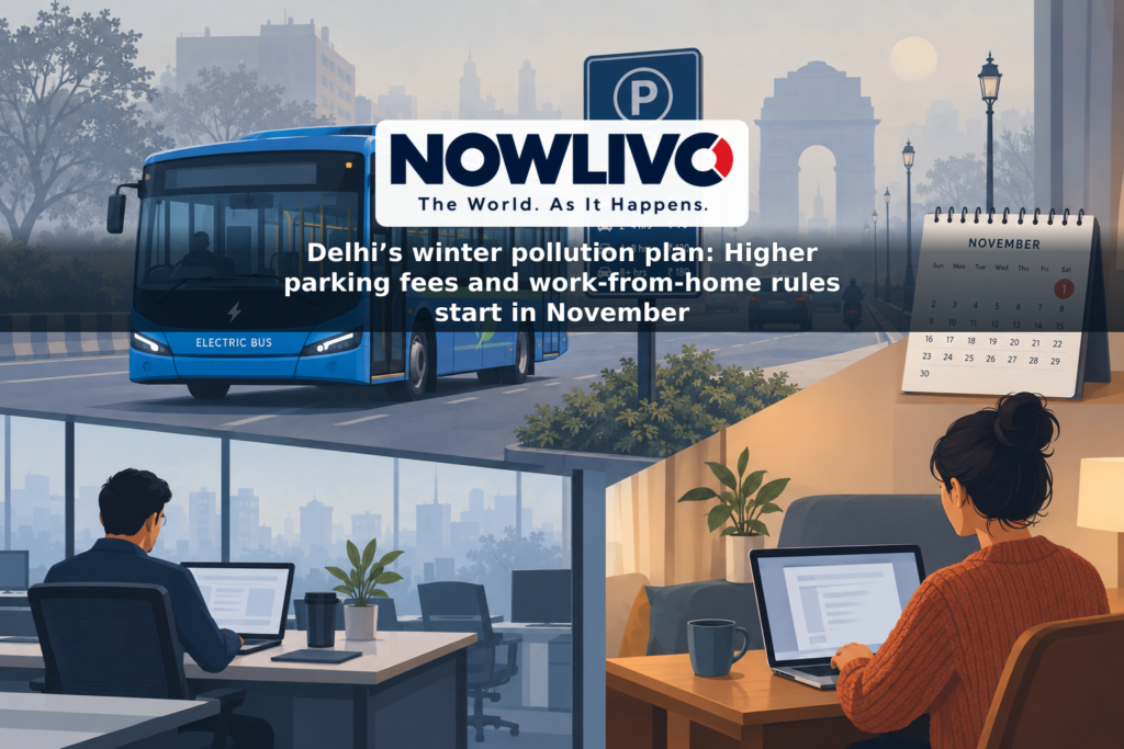 Illustration of an electric bus, a parking-rate sign and home and office workspaces against a hazy Delhi skyline, with November 1 marked on a calendar.