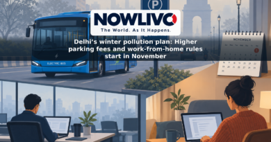 Illustration of an electric bus, a parking-rate sign and home and office workspaces against a hazy Delhi skyline, with November 1 marked on a calendar.