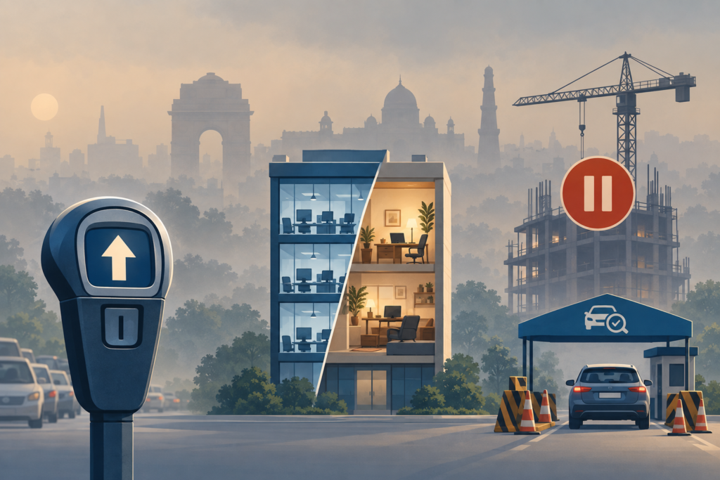Conceptual illustration of a hazy Delhi skyline with symbols for higher parking fees, split office attendance, construction limits and vehicle checks.