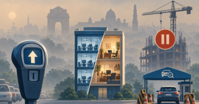 Conceptual illustration of a hazy Delhi skyline with symbols for higher parking fees, split office attendance, construction limits and vehicle checks.