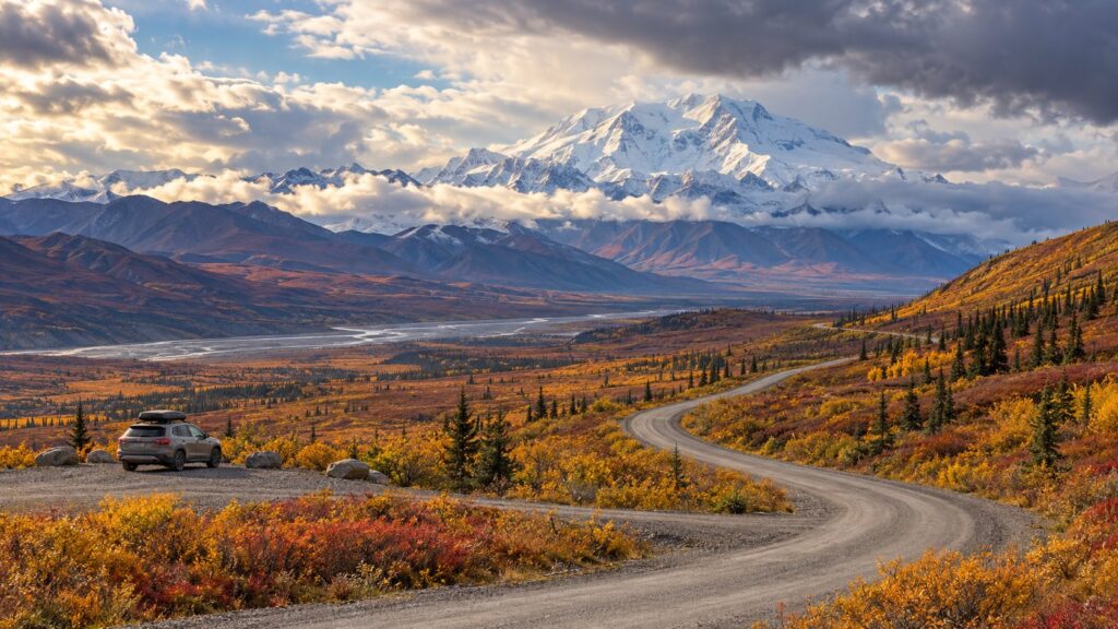 Editorial illustration of a vehicle by a winding road through autumn tundra toward Alaska mountains