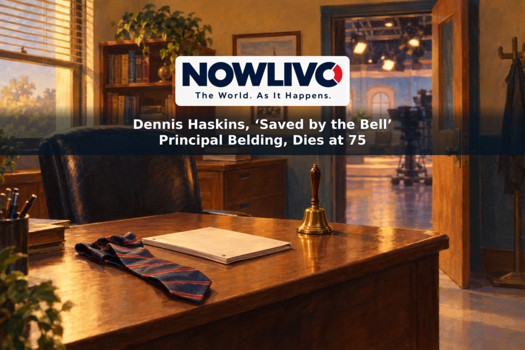 Illustration of an empty school principal’s office with a tie, script and bell, evoking Dennis Haskins’s television career.