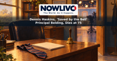 Illustration of an empty school principal’s office with a tie, script and bell, evoking Dennis Haskins’s television career.