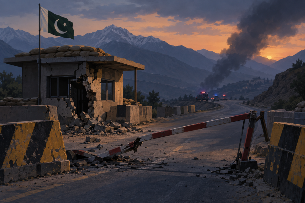 Editorial illustration of a damaged roadside checkpoint with emergency vehicles in a mountainous northwestern Pakistan setting.