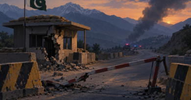 Editorial illustration of a damaged roadside checkpoint with emergency vehicles in a mountainous northwestern Pakistan setting.