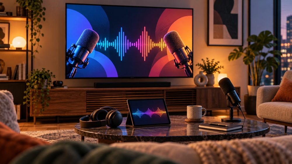 Illustration of microphones, headphones and audio waveforms on a television screen