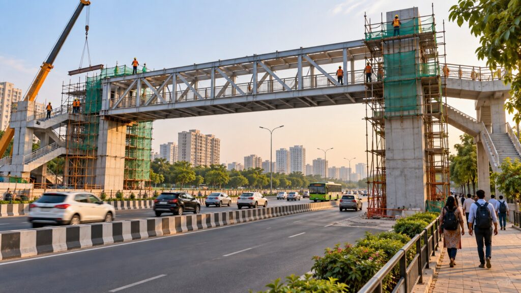 Editorial illustration of a pedestrian overbridge under construction above an urban road