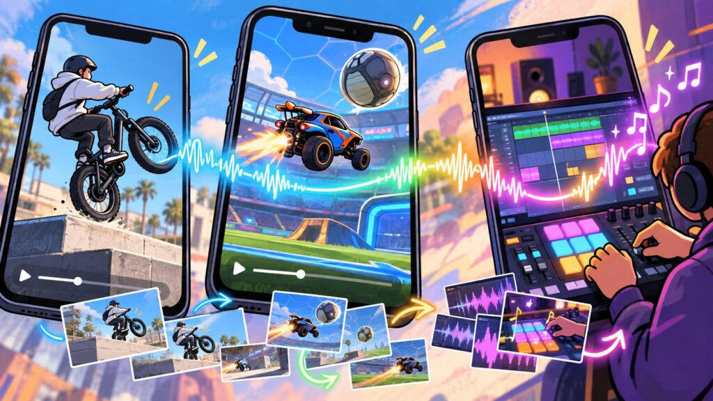Cartoon illustration of an e-bike video reaction waveform moving into game and music remix clips