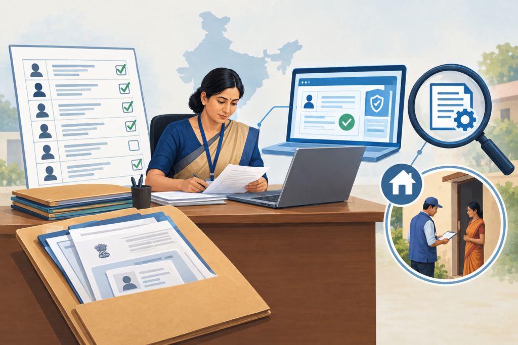 Illustration of an electoral roll, voter documents, a digital portal and a magnifying glass representing the ECINET review and doorstep verification.