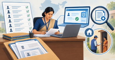 Illustration of an electoral roll, voter documents, a digital portal and a magnifying glass representing the ECINET review and doorstep verification.