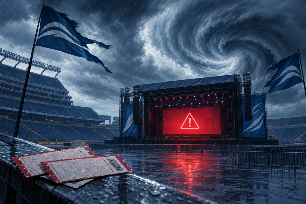 Illustration of an empty stadium concert stage under storm clouds and heavy rain with a cancellation notice on the screen.