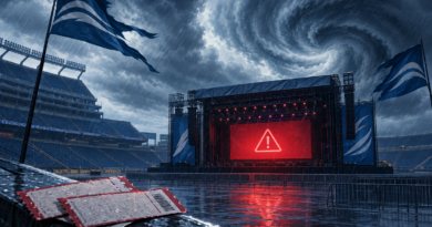 Illustration of an empty stadium concert stage under storm clouds and heavy rain with a cancellation notice on the screen.