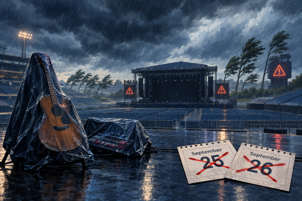 Illustration of an empty stadium concert stage under storm clouds with September 25 and 26 marked as canceled.
