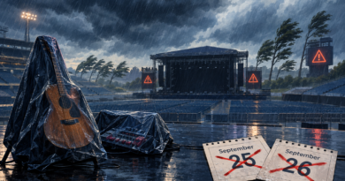 Illustration of an empty stadium concert stage under storm clouds with September 25 and 26 marked as canceled.