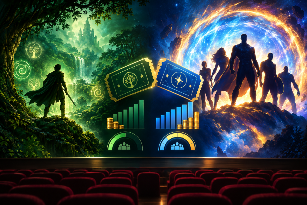 Conceptual illustration comparing a mystical forest film with a cosmic superhero re-release using cinema tickets, rupee bars and occupancy gauges.