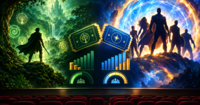 Conceptual illustration comparing a mystical forest film with a cosmic superhero re-release using cinema tickets, rupee bars and occupancy gauges.