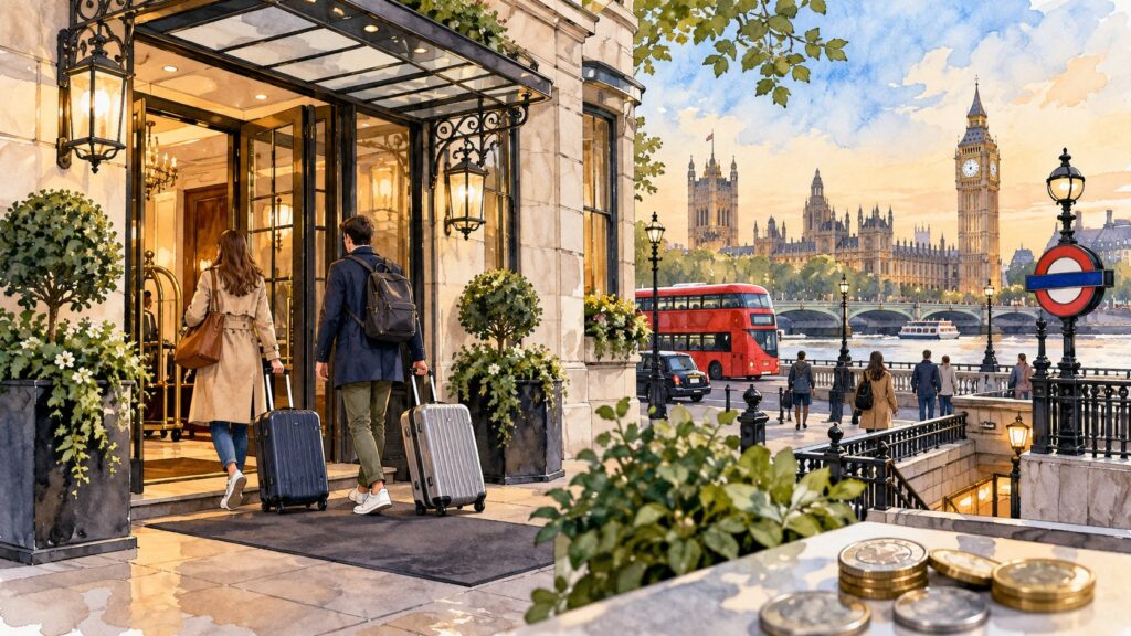 Editorial illustration of travellers entering a hotel in London with a city transport scene