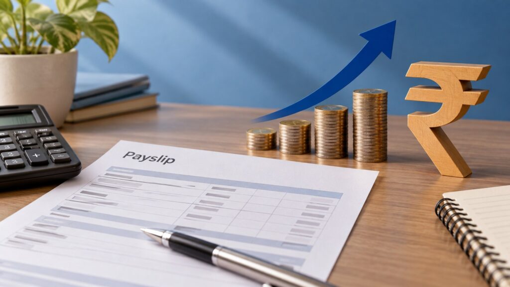 Editorial illustration of a payslip, calculator and rupee symbol for the EPF wage ceiling change