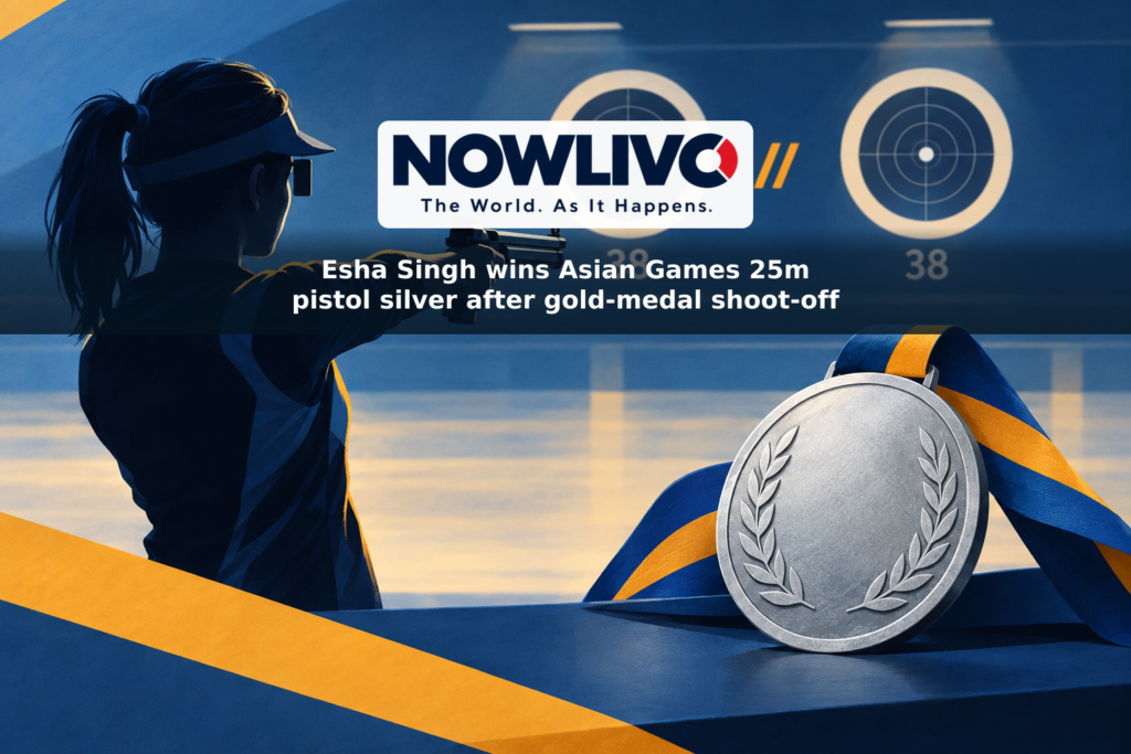 Conceptual illustration of a pistol shooter, a silver medal and two targets marked 38 to represent the tied Asian Games final.