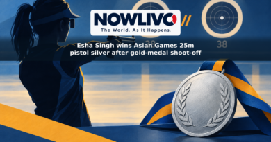 Conceptual illustration of a pistol shooter, a silver medal and two targets marked 38 to represent the tied Asian Games final.