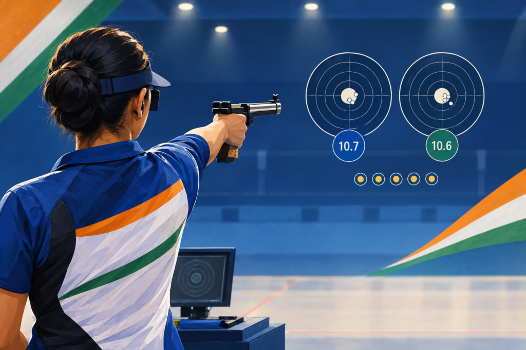 Illustration of an Indian pistol shooter facing targets, with graphic markers suggesting a close final and repeated shoot-offs.