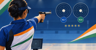 Illustration of an Indian pistol shooter facing targets, with graphic markers suggesting a close final and repeated shoot-offs.
