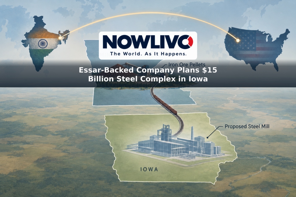 Conceptual map showing a proposed Iowa steel mill connected to an iron ore site in Minnesota, with an arc representing investment from India.