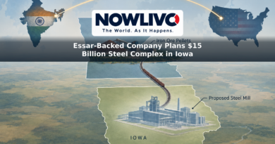 Conceptual map showing a proposed Iowa steel mill connected to an iron ore site in Minnesota, with an arc representing investment from India.