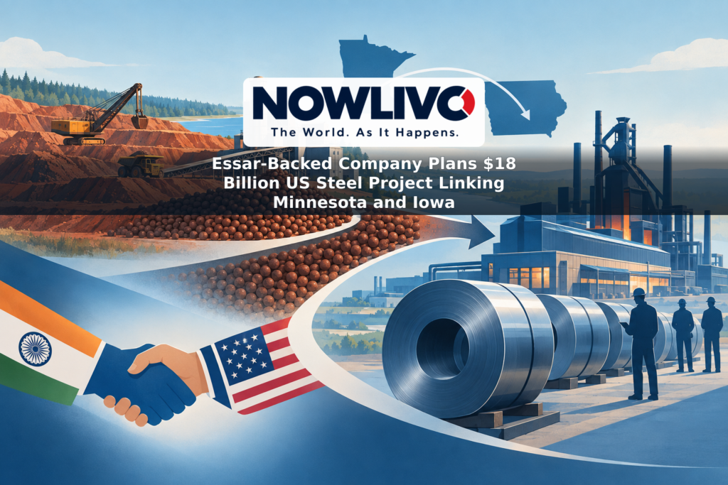 Conceptual illustration connecting a Minnesota iron ore mine to a proposed Iowa steel plant, with ore pellets becoming steel coils.