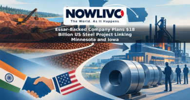 Conceptual illustration connecting a Minnesota iron ore mine to a proposed Iowa steel plant, with ore pellets becoming steel coils.