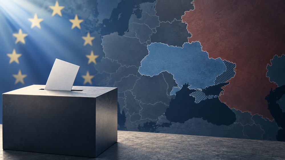 Illustrated ballot box against a symbolic map of Eastern Europe and EU stars