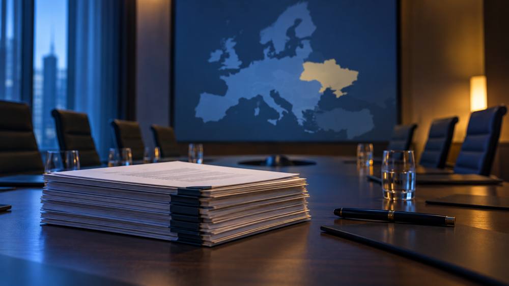 Conceptual illustration of sanctions documents in a European meeting room with a Ukraine map