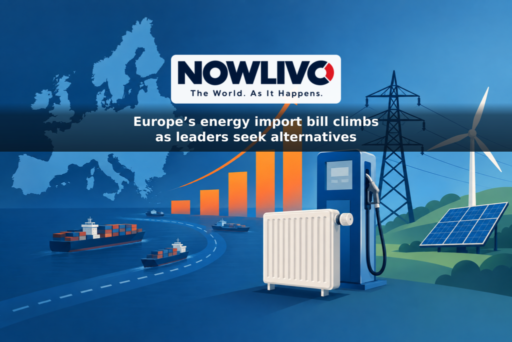 Conceptual illustration of Europe, a radiator and fuel pump beneath rising cost bars, with electricity and renewable-energy symbols nearby.