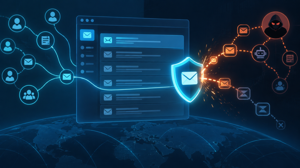 AI editorial illustration of an inbox and a defensive shield blocking a suspicious message path; no actual system or incident is depicted.