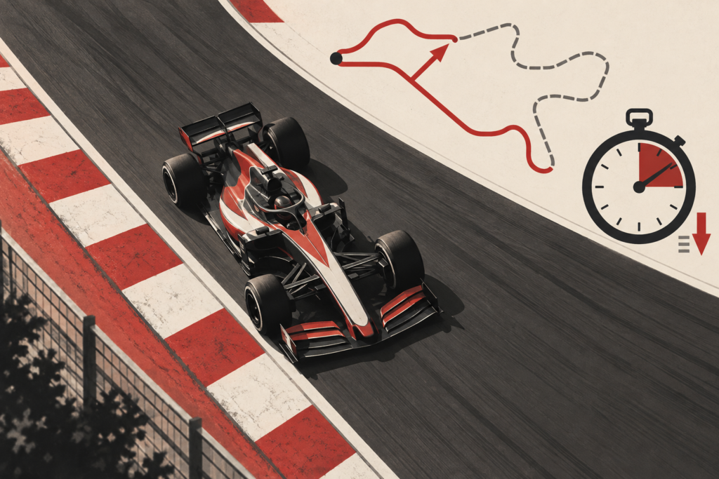 AI editorial illustration of an anonymous open-wheel racing car, a shortened route motif and a clock; it does not depict an actual race.