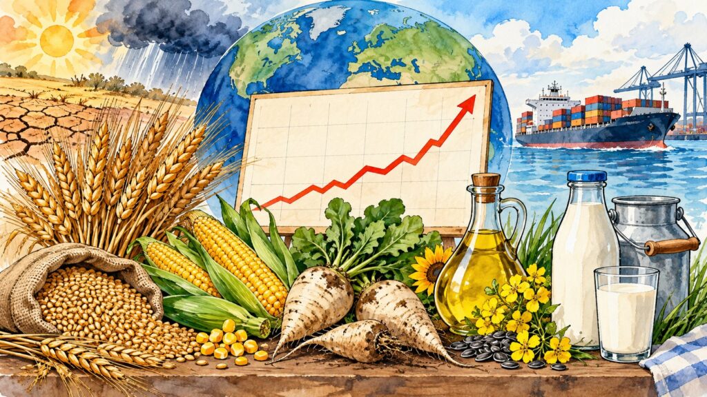 Editorial illustration of grain, sugar beet, oil and dairy beside a rising world commodity chart